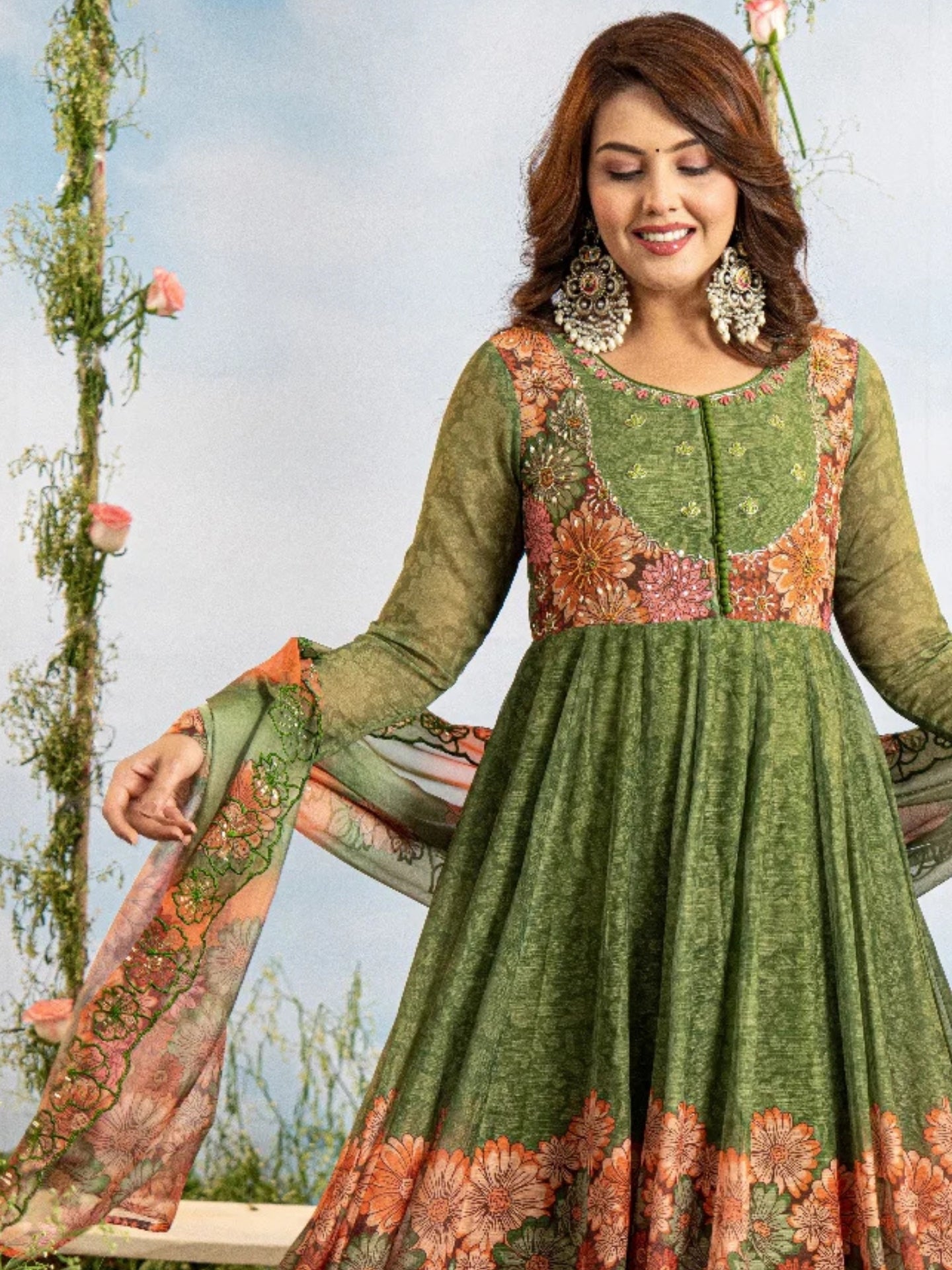 Women’s Pure Anarkali Chiffon Kurta Pant & Dupatta Set (Green) - LK Brand