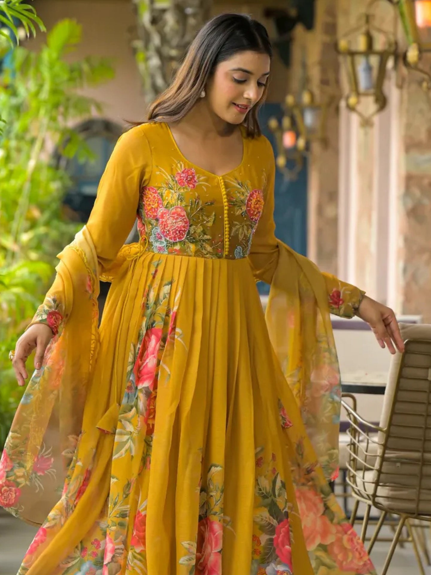 Women’s Mustard Yellow Floral Pure Chiffon Anarkali Kurta Pant with Dupatta – Set of 3 - LK Brand