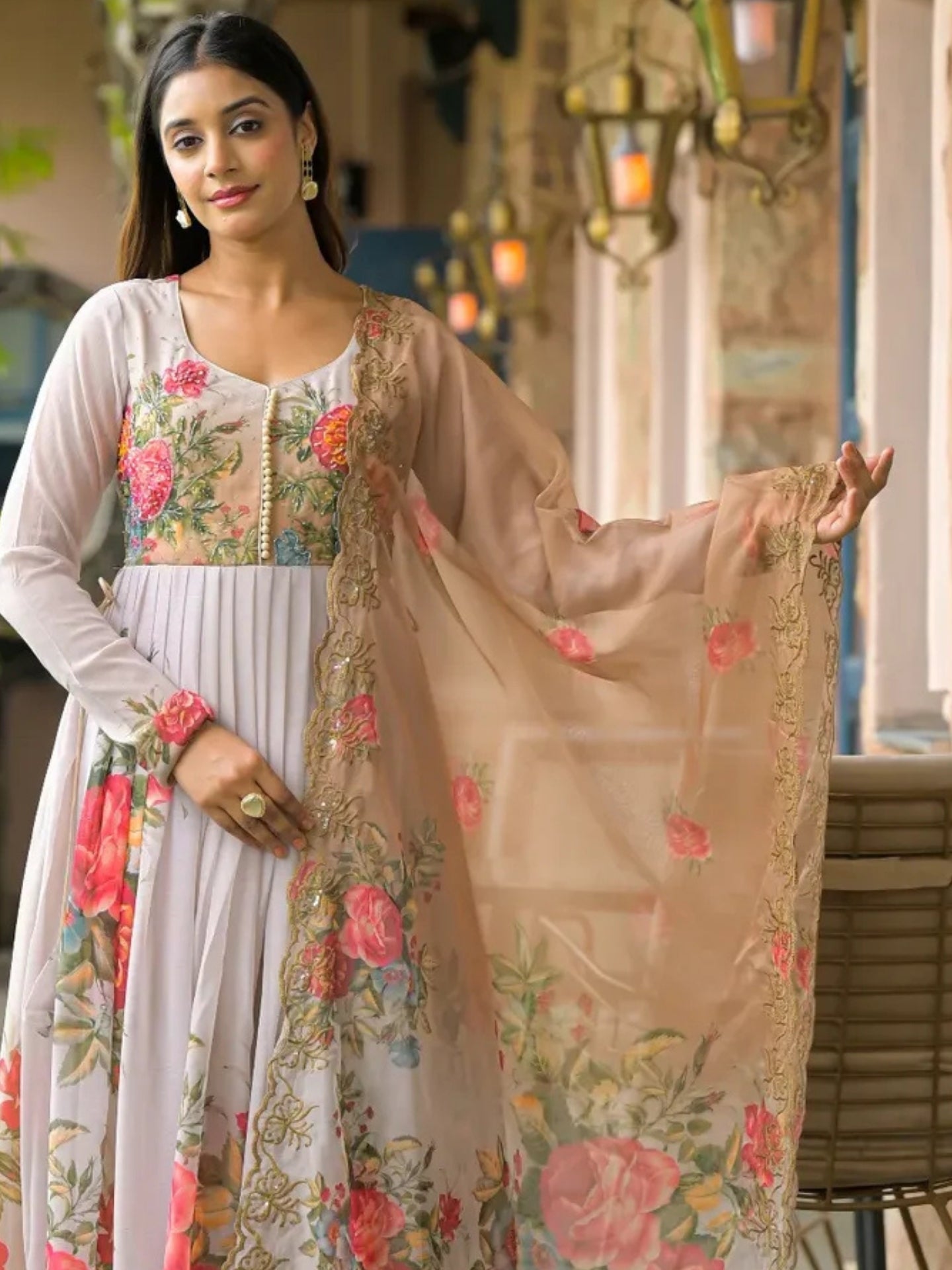 Women’s Pure Anarkali Chiffon Kurta Pant & Dupatta Set (Beige Floral) - LK Brand