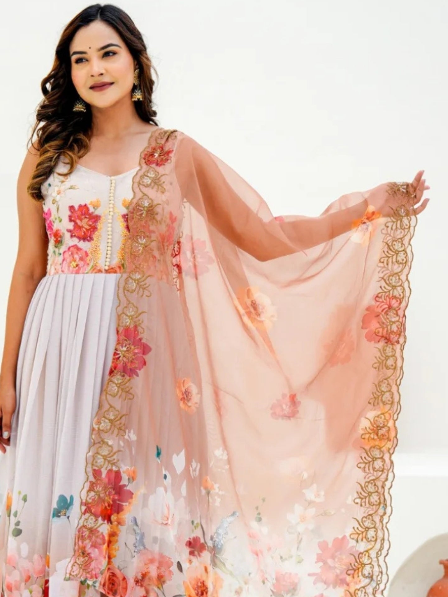 Women’s Pure Anarkali Chiffon Kurta Pant & Dupatta Set (White-Beige) - LK Brand
