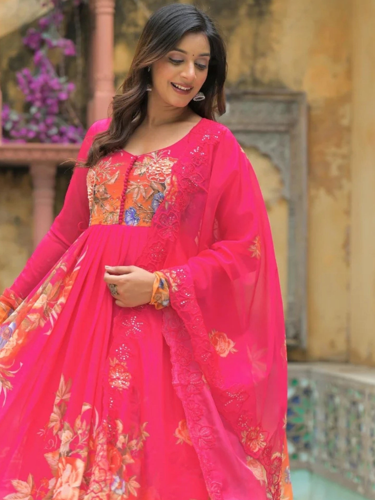 Women’s Pure Anarkali Chiffon Kurta Pant & Dupatta Set (Pink-Orange Ombre) - LK Brand