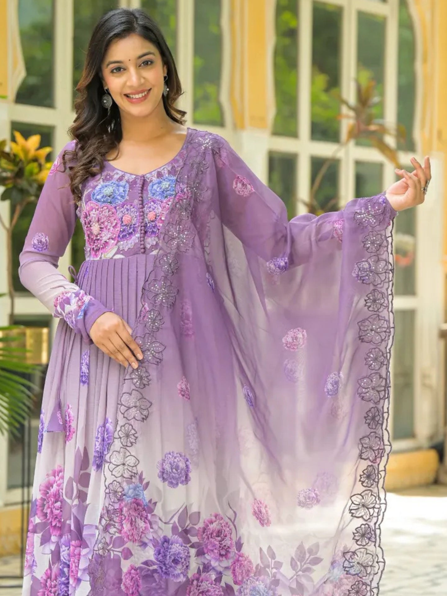Women’s Lavender Purple Floral Pure Chiffon Anarkali Kurta Pant with Dupatta – Set of 3 - LK Brand