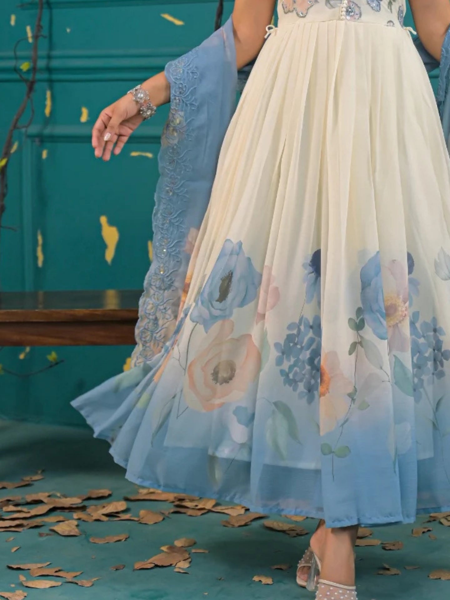 Women’s Ivory & Sky Blue Floral Pure Chiffon Sleeveless Anarkali Kurta Pant with Dupatta – Set of 3 - LK Brand