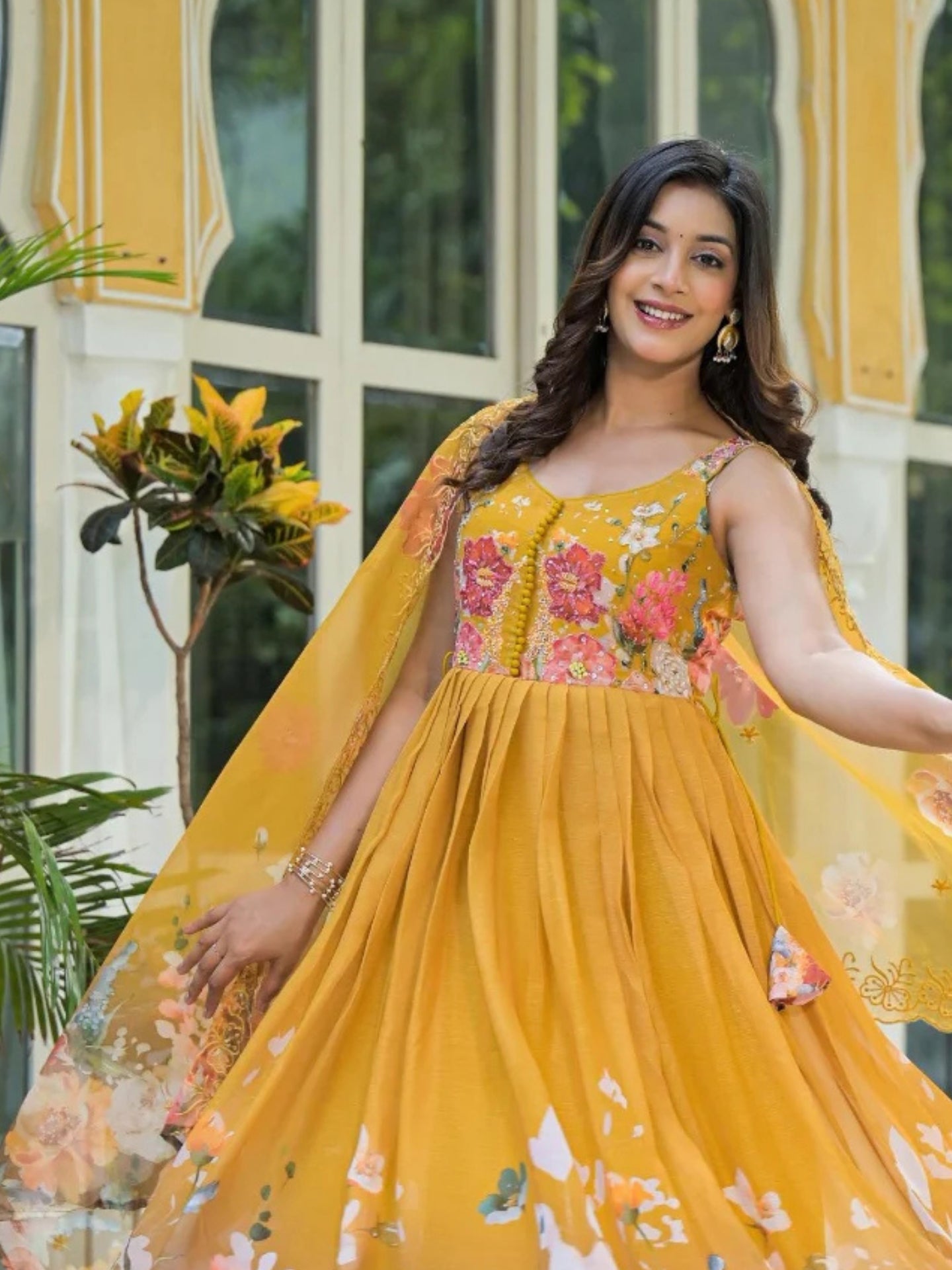 Women’s Pure Anarkali Chiffon Kurta Pant & Dupatta Set (Yellow) - LK Brand