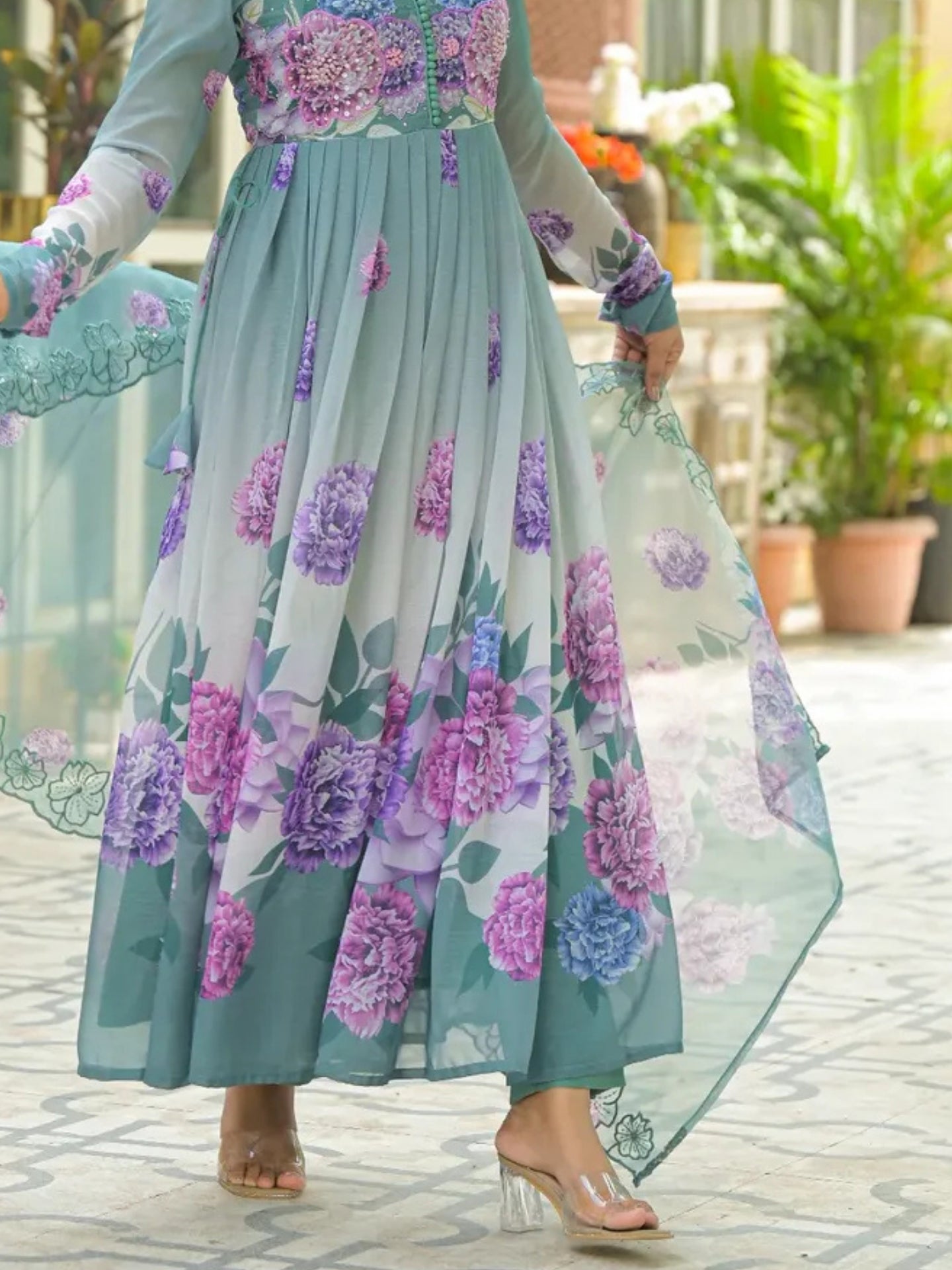 Women’s Teal Blue Floral Pure Chiffon Anarkali Kurta Pant with Dupatta – Set of 3 - LK Brand