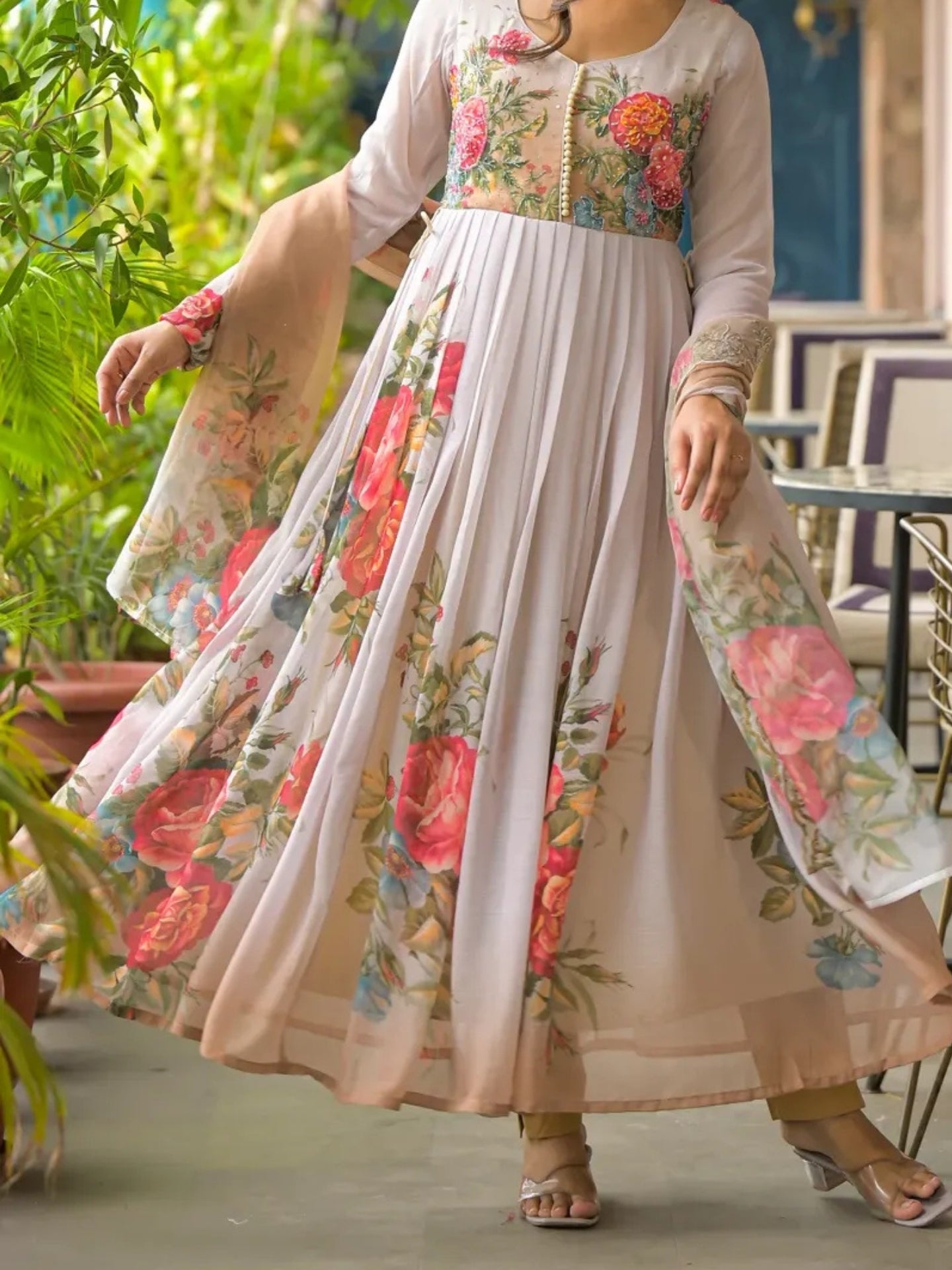 Women’s Pure Anarkali Chiffon Kurta Pant & Dupatta Set (Beige Floral) - LK Brand