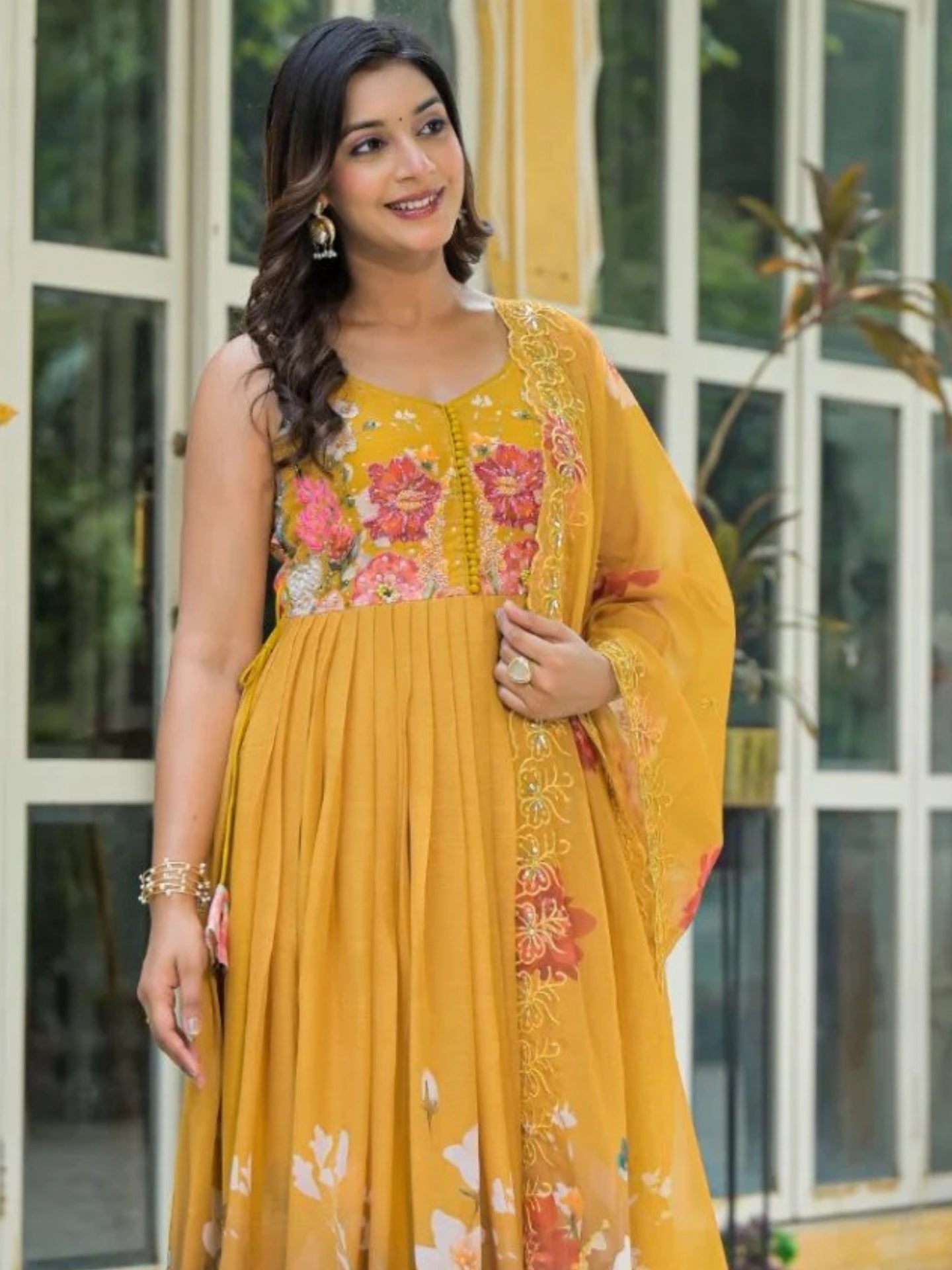 Women’s Pure Anarkali Chiffon Kurta Pant & Dupatta Set (Yellow) - LK Brand