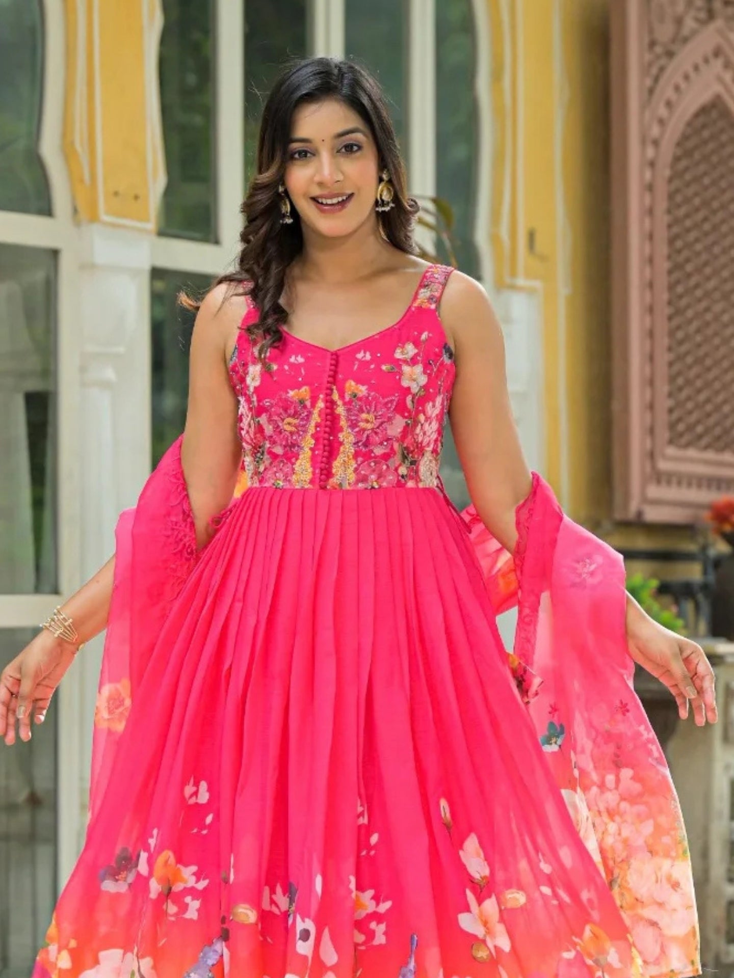 Women’s Pure Anarkali Chiffon Kurta Pant & Dupatta Set (Pink) - LK Brand