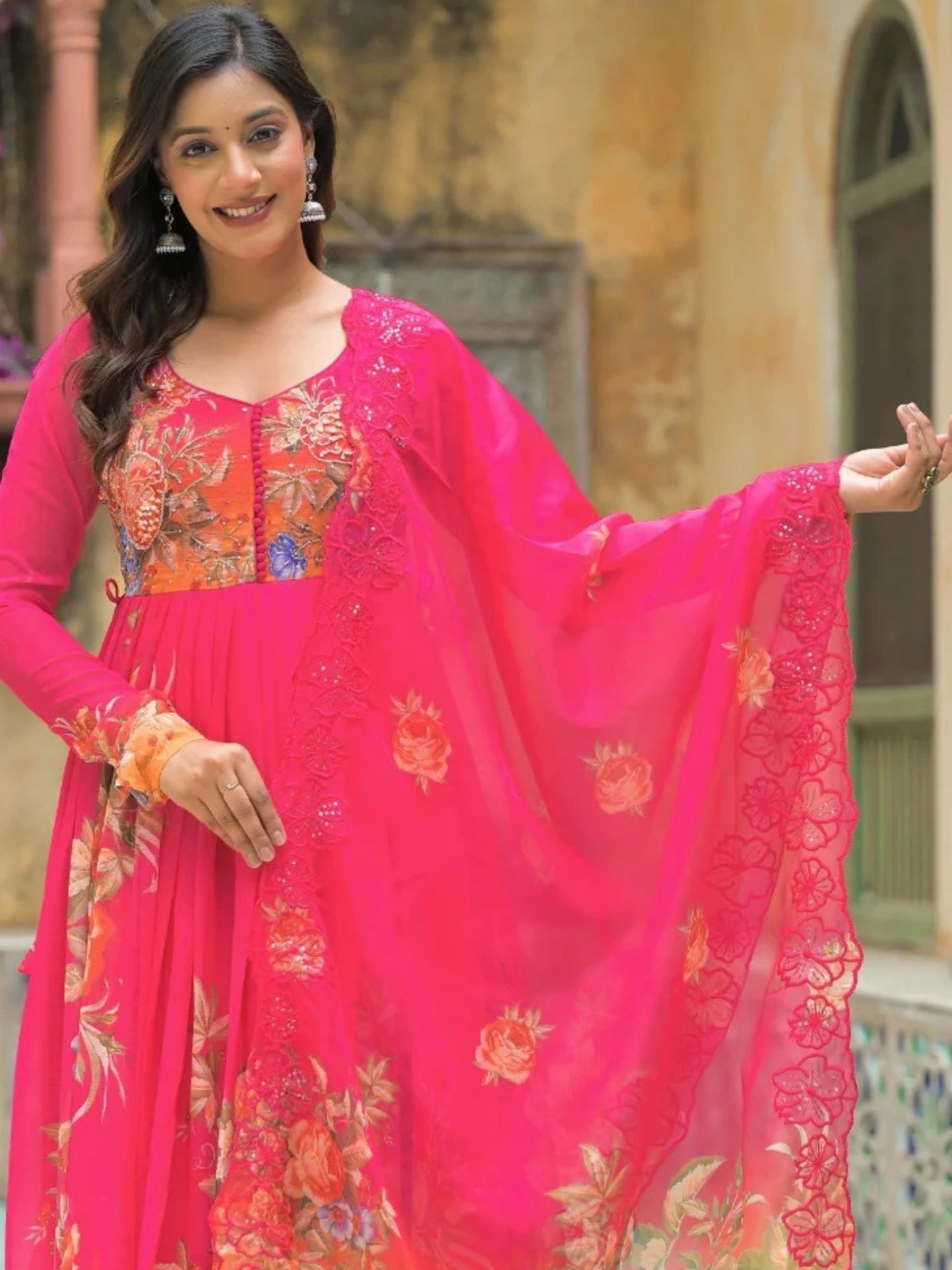 Women’s Pure Anarkali Chiffon Kurta Pant & Dupatta Set (Pink-Orange Ombre) - LK Brand