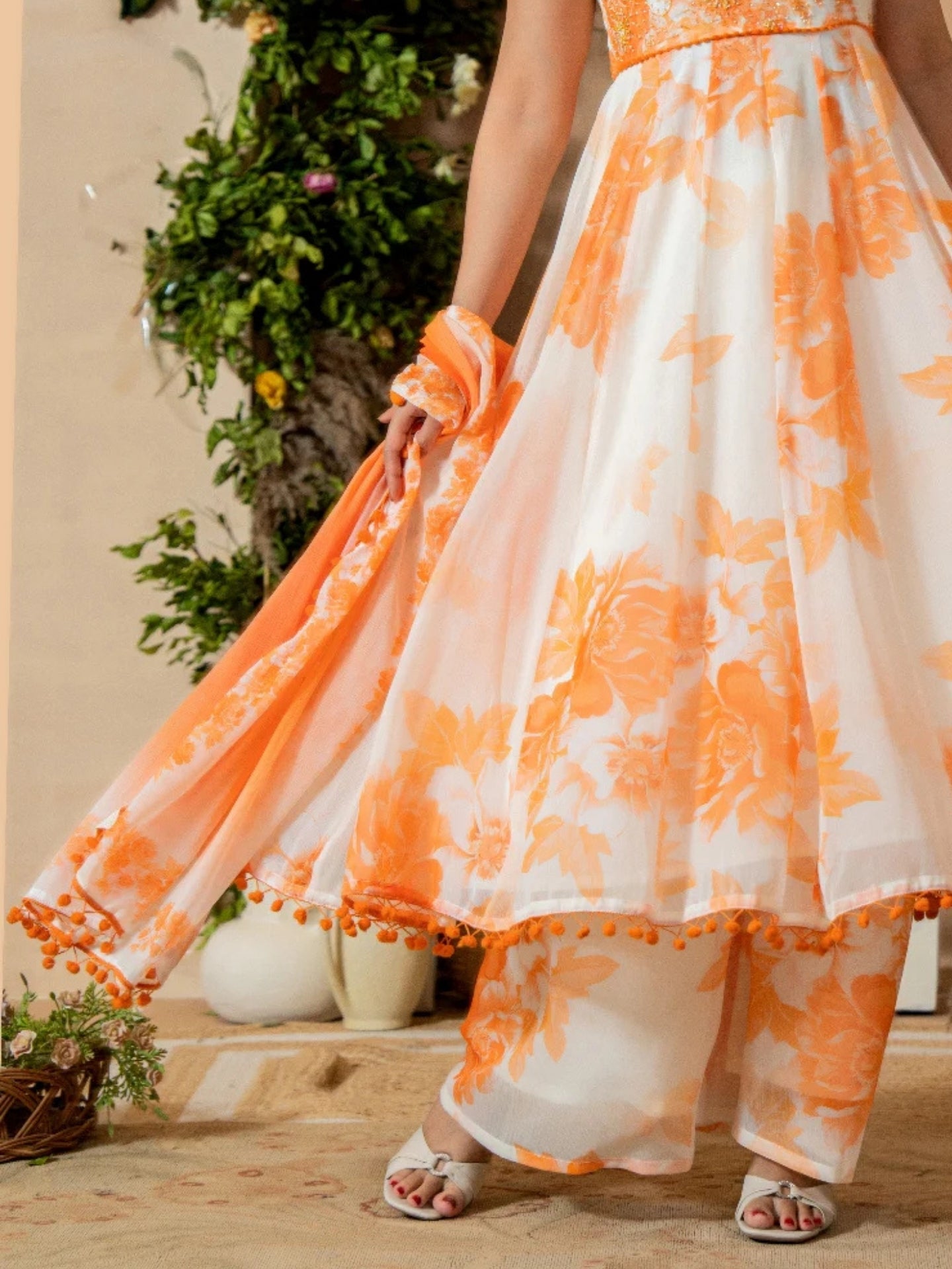 Women’s White-Rust Pure Anarkali Chiffon Pom Pom Kurta Divider Pant & Dupatta Set - LK Brand