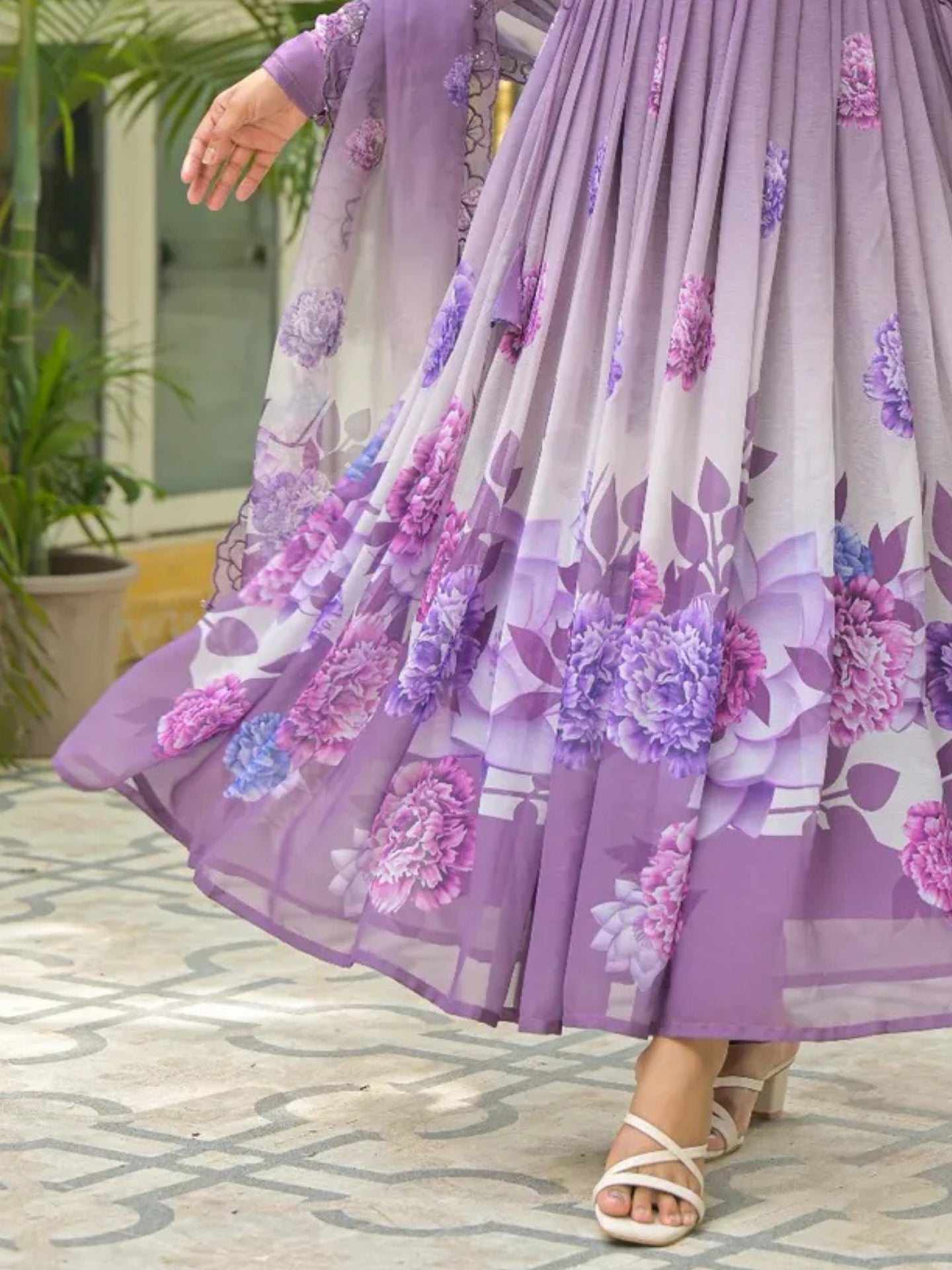 Women’s Lavender Purple Floral Pure Chiffon Anarkali Kurta Pant with Dupatta – Set of 3 - LK Brand