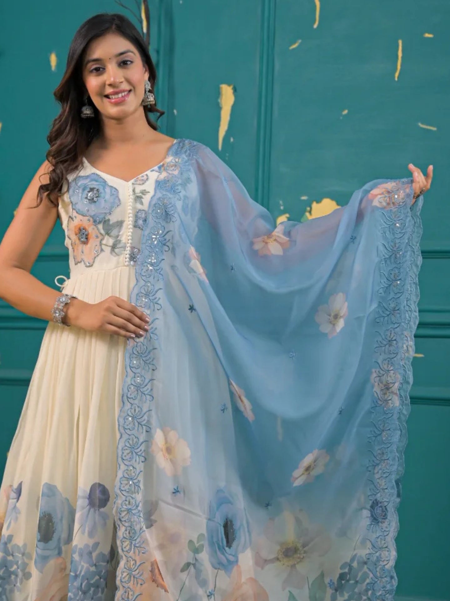 Women’s Ivory & Sky Blue Floral Pure Chiffon Sleeveless Anarkali Kurta Pant with Dupatta – Set of 3 - LK Brand