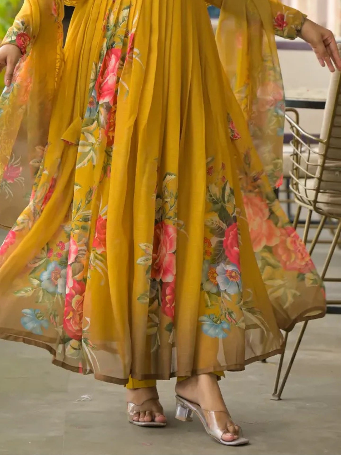 Women’s Mustard Yellow Floral Pure Chiffon Anarkali Kurta Pant with Dupatta – Set of 3 - LK Brand