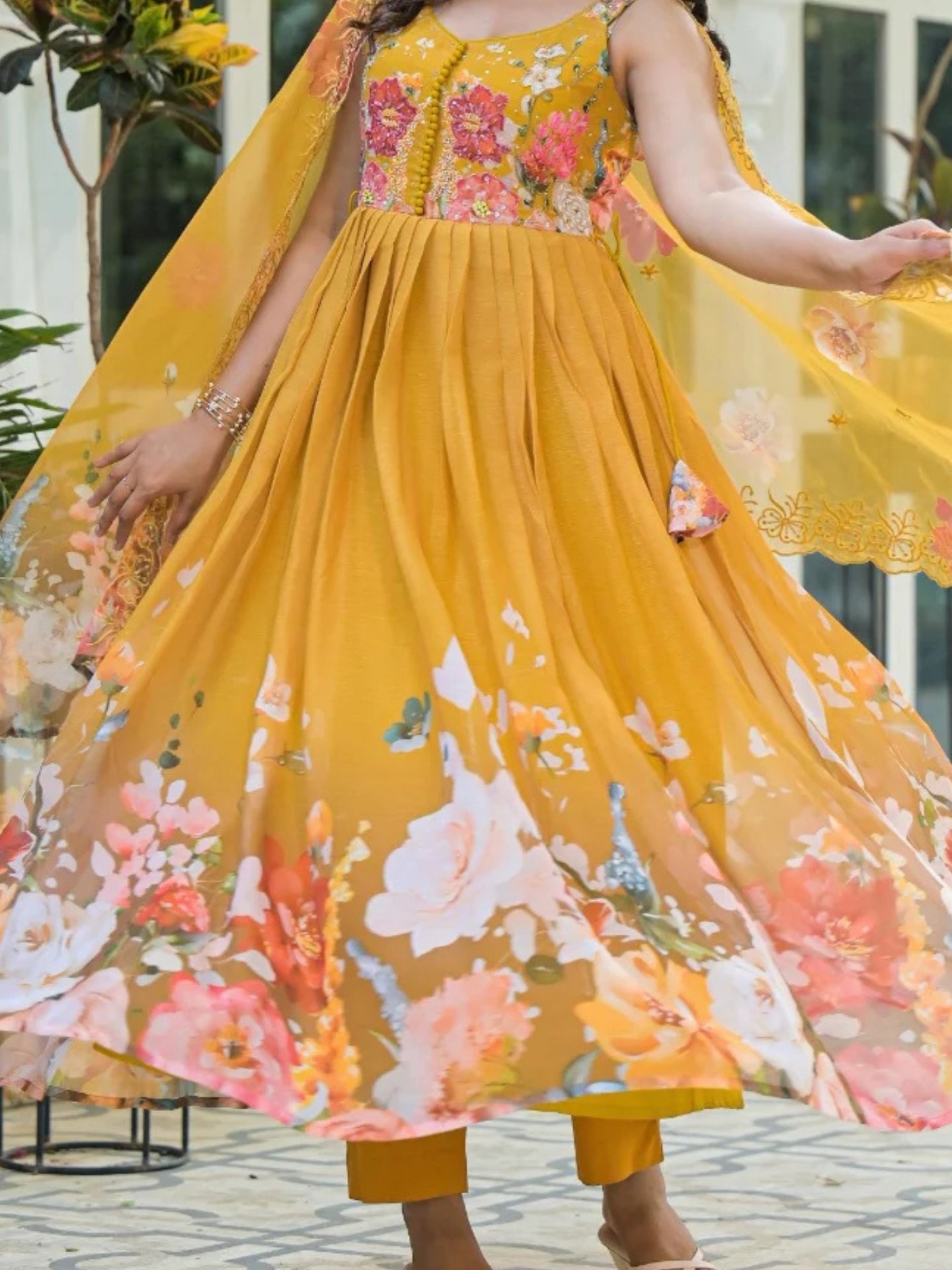 Women’s Pure Anarkali Chiffon Kurta Pant & Dupatta Set (Yellow) - LK Brand