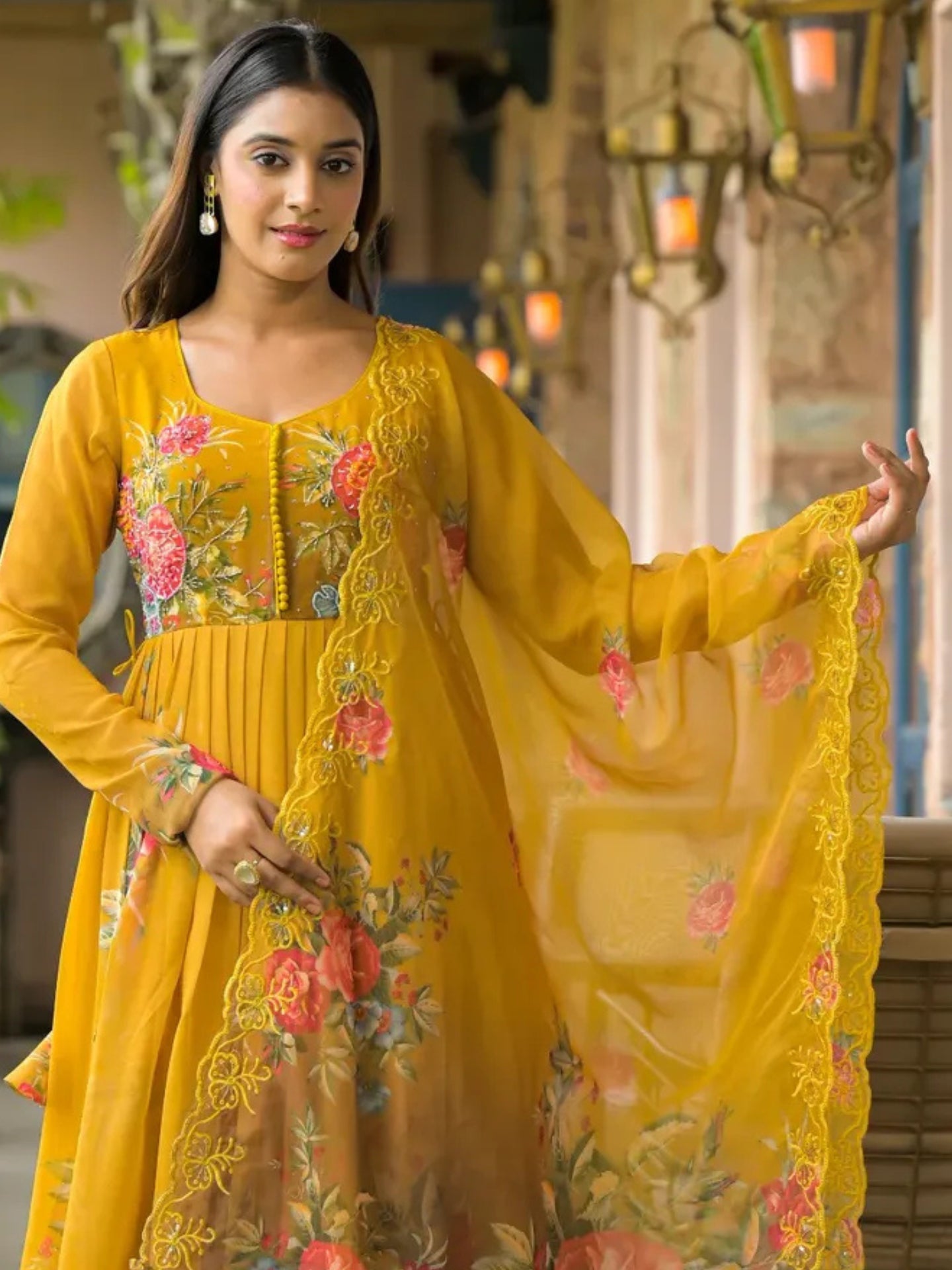 Women’s Mustard Yellow Floral Pure Chiffon Anarkali Kurta Pant with Dupatta – Set of 3 - LK Brand
