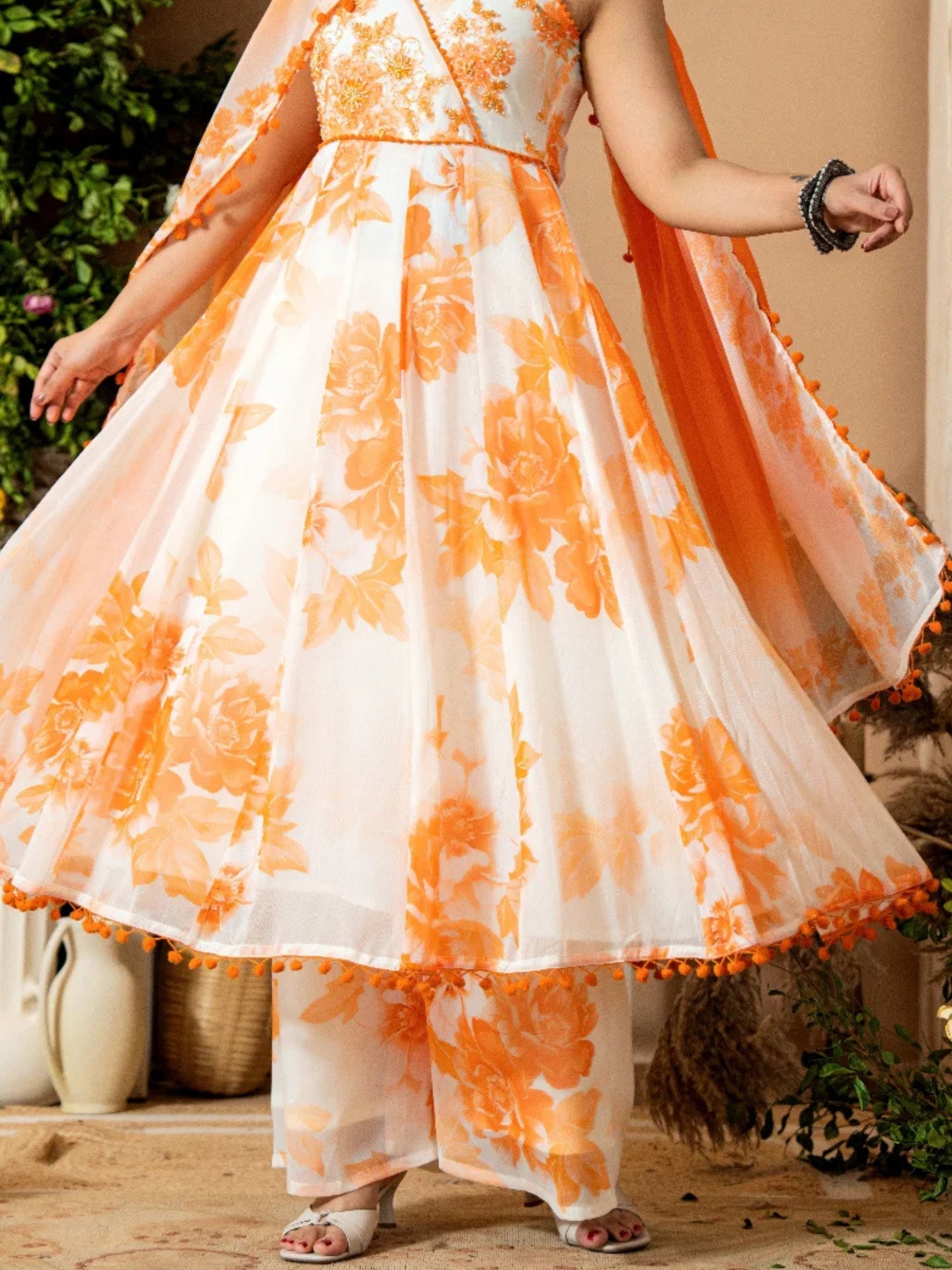 Women’s White-Rust Pure Anarkali Chiffon Pom Pom Kurta Divider Pant & Dupatta Set - LK Brand