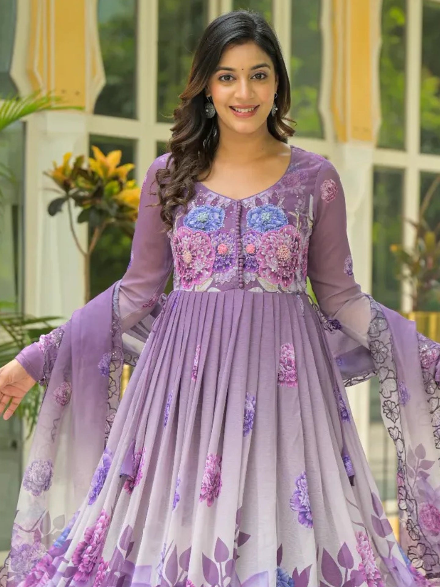 Women’s Lavender Purple Floral Pure Chiffon Anarkali Kurta Pant with Dupatta – Set of 3 - LK Brand