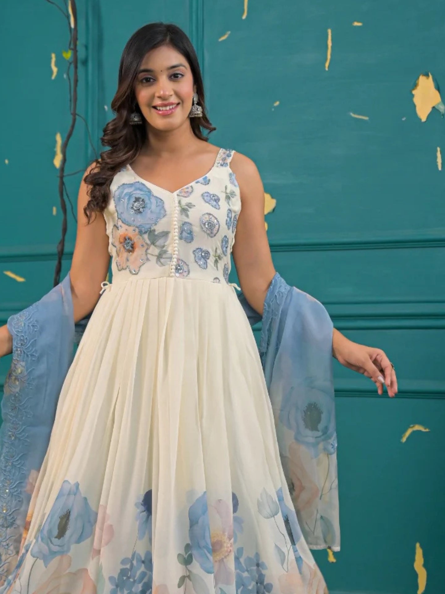 Women’s Ivory & Sky Blue Floral Pure Chiffon Sleeveless Anarkali Kurta Pant with Dupatta – Set of 3 - LK Brand