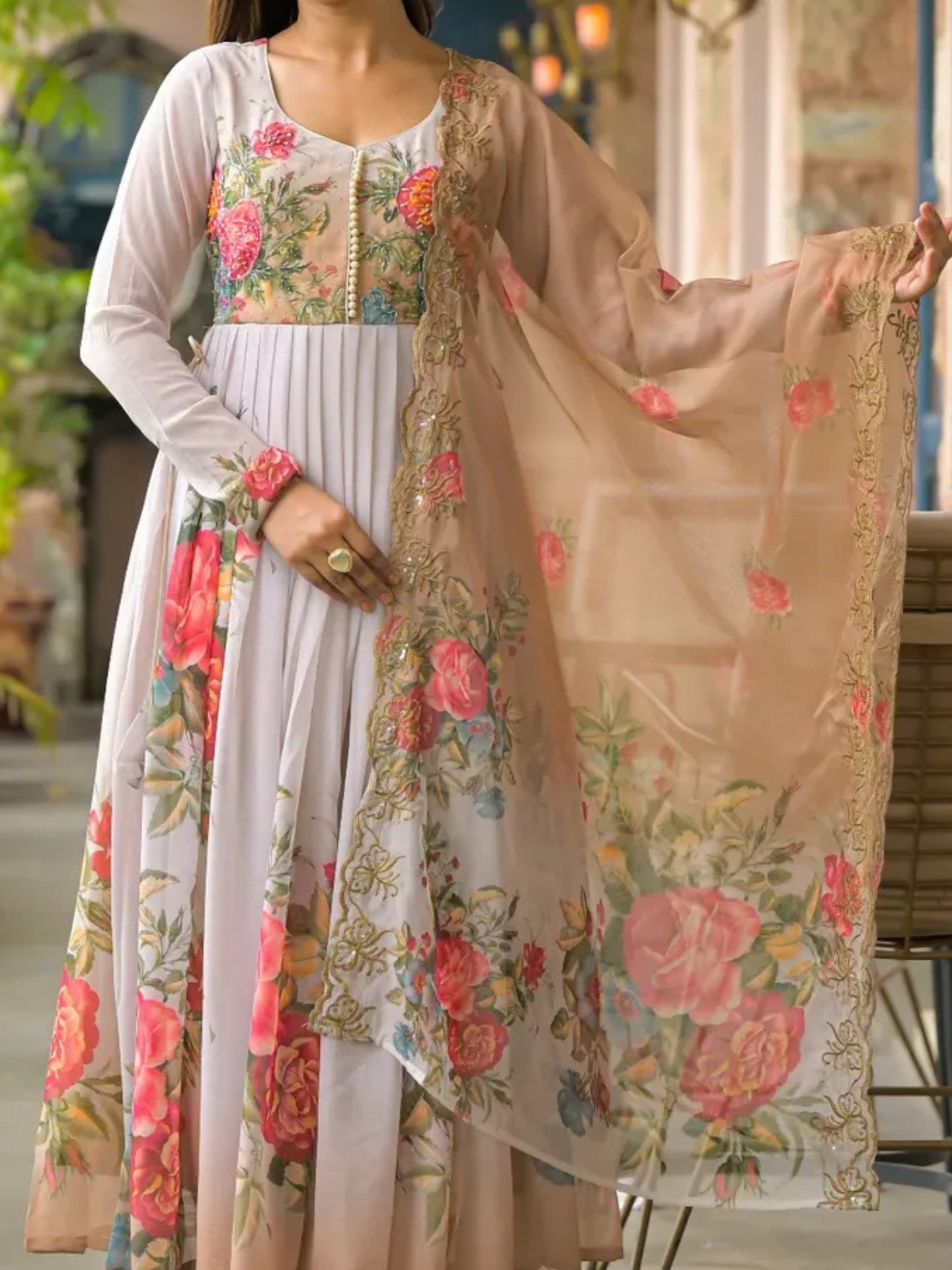 Women’s Pure Anarkali Chiffon Kurta Pant & Dupatta Set (Beige Floral) - LK Brand
