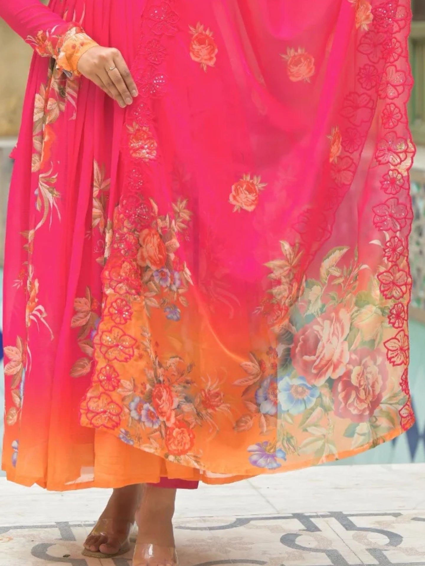 Women’s Pure Anarkali Chiffon Kurta Pant & Dupatta Set (Pink-Orange Ombre) - LK Brand