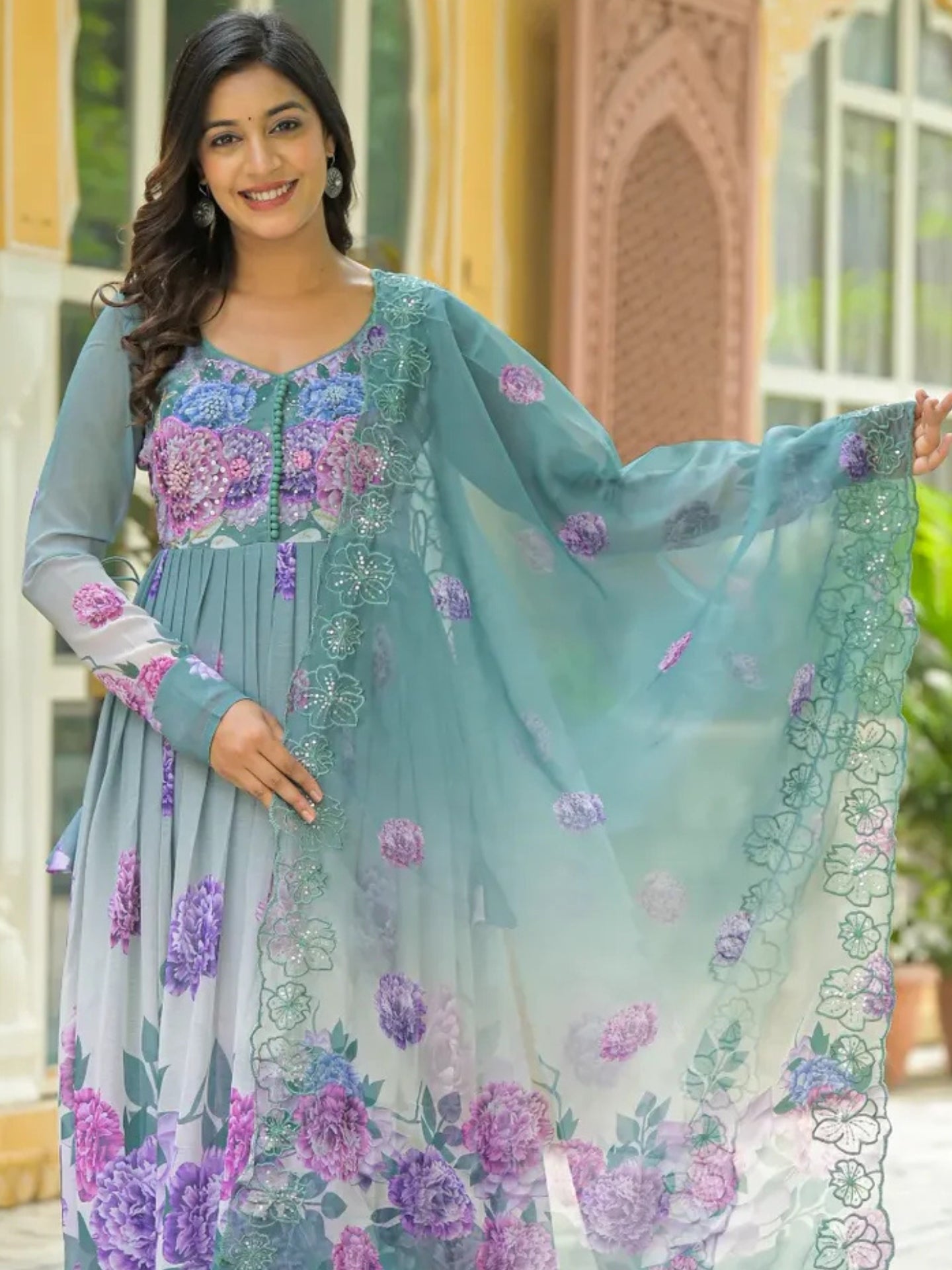 Women’s Teal Blue Floral Pure Chiffon Anarkali Kurta Pant with Dupatta – Set of 3 - LK Brand
