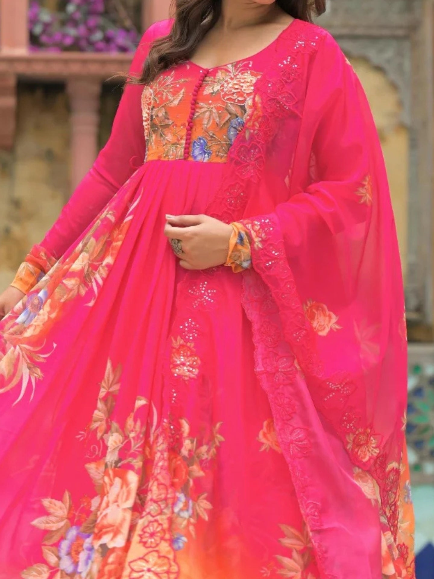Women’s Pure Anarkali Chiffon Kurta Pant & Dupatta Set (Pink-Orange Ombre) - LK Brand
