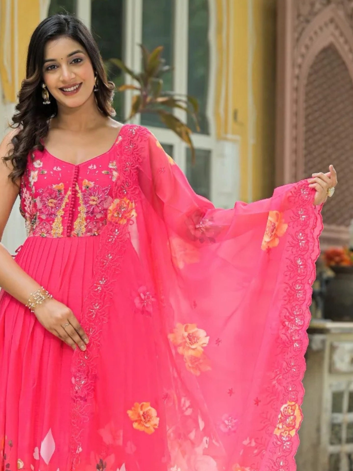 Women’s Pure Anarkali Chiffon Kurta Pant & Dupatta Set (Pink) - LK Brand