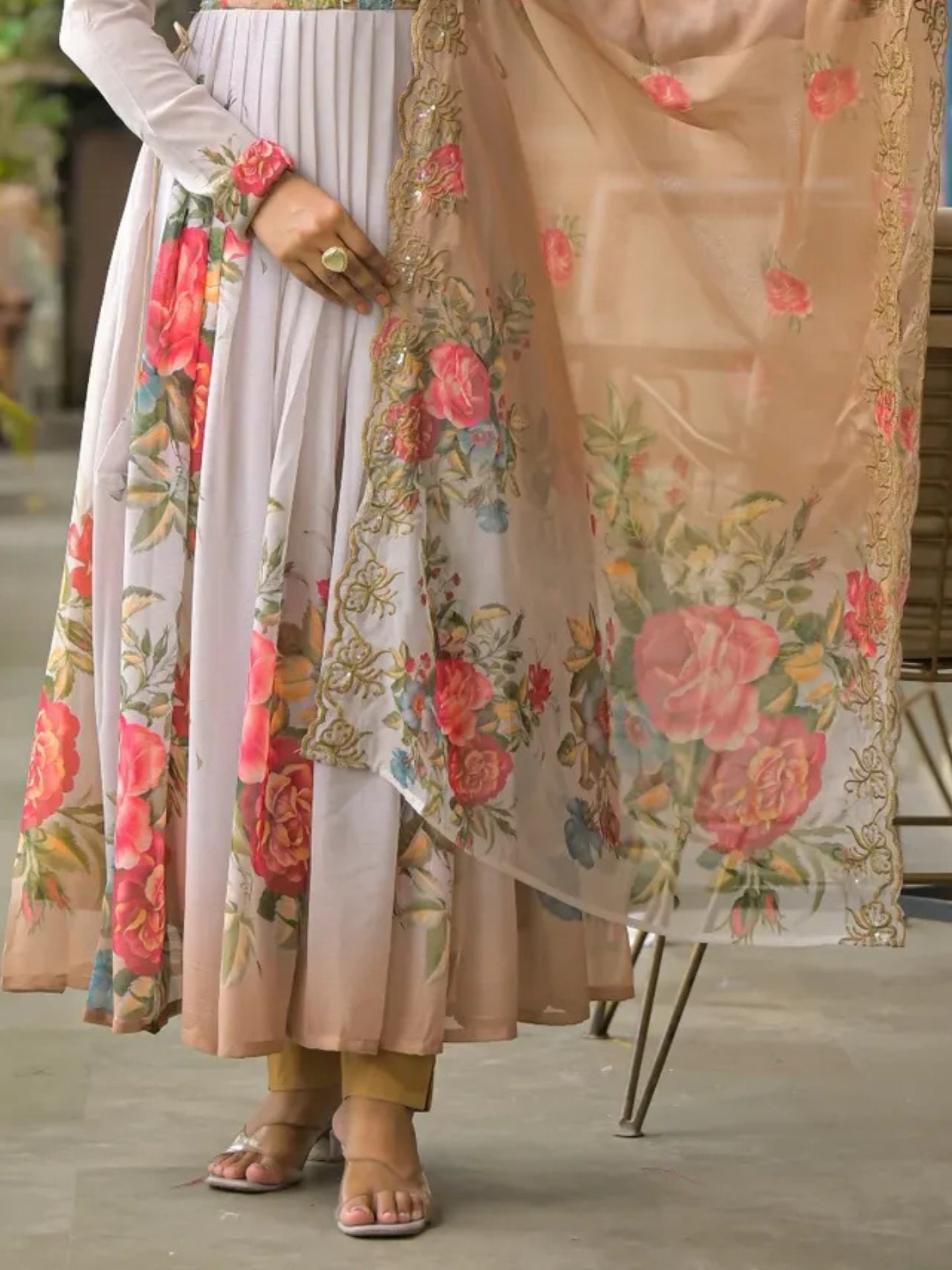 Women’s Pure Anarkali Chiffon Kurta Pant & Dupatta Set (Beige Floral) - LK Brand