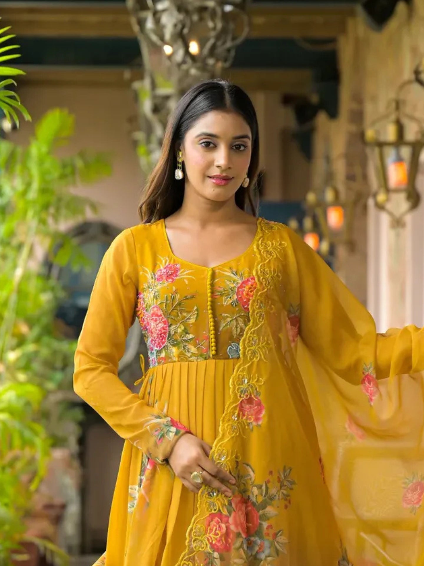 Women’s Mustard Yellow Floral Pure Chiffon Anarkali Kurta Pant with Dupatta – Set of 3 - LK Brand
