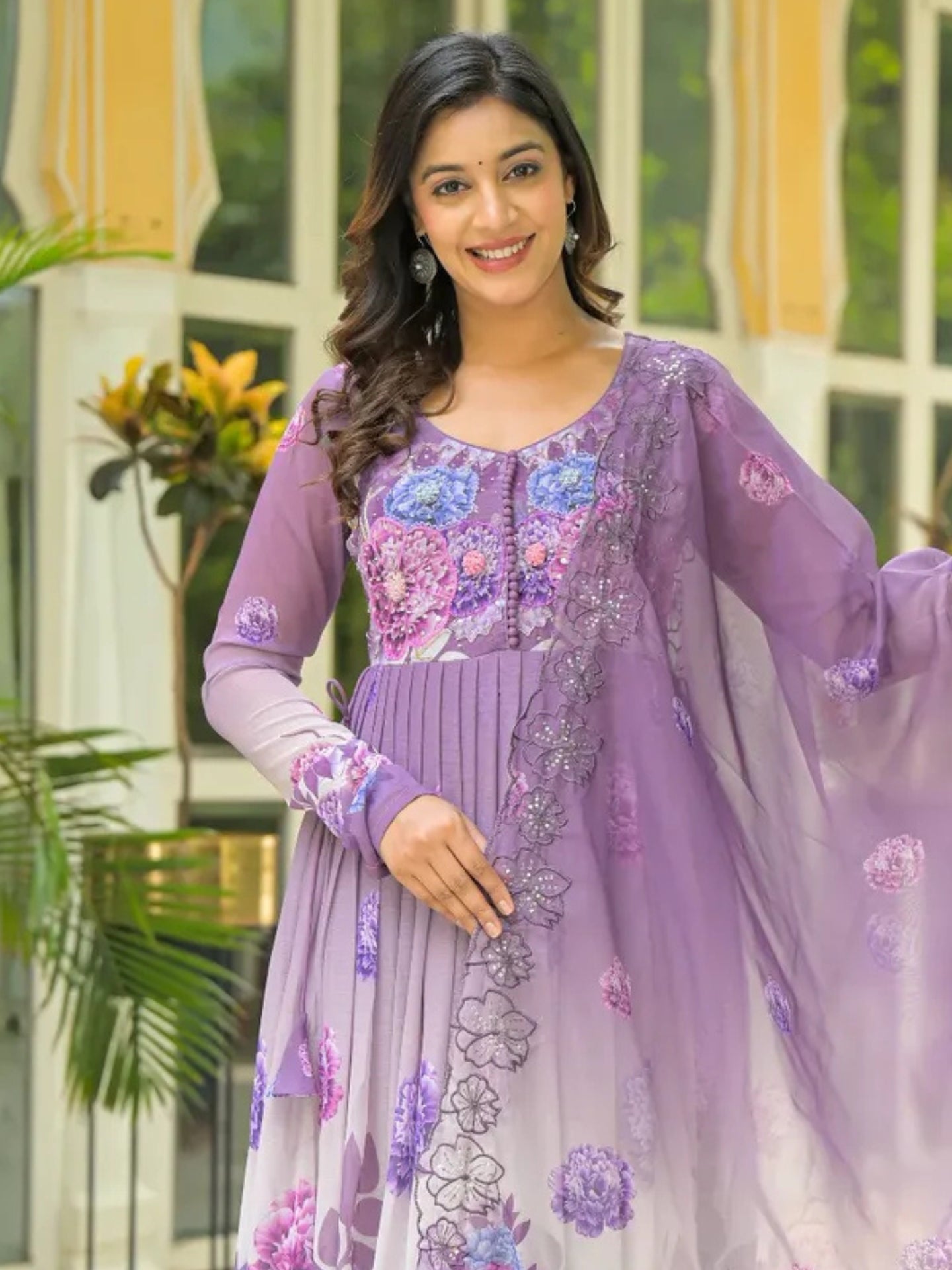 Women’s Lavender Purple Floral Pure Chiffon Anarkali Kurta Pant with Dupatta – Set of 3 - LK Brand