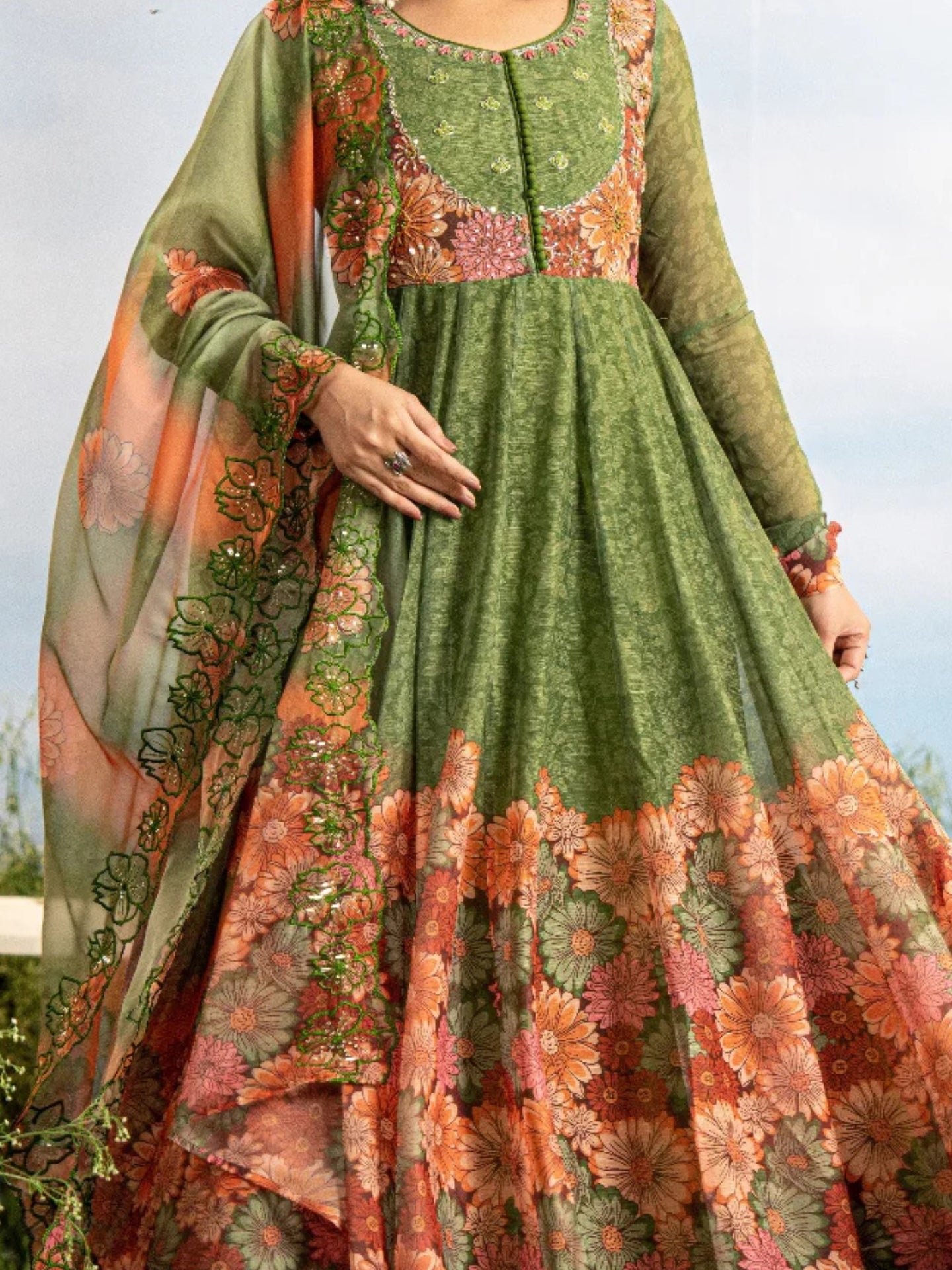 Women’s Pure Anarkali Chiffon Kurta Pant & Dupatta Set (Green) - LK Brand