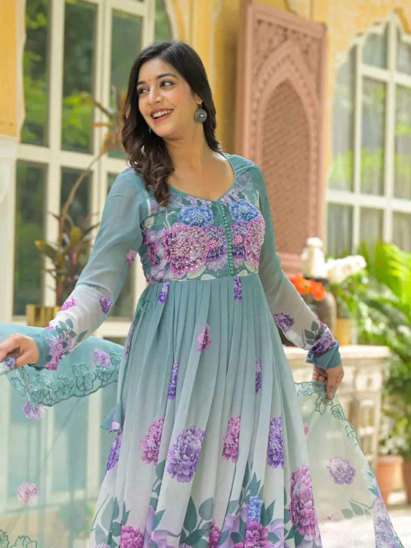 Women’s Teal Blue Floral Pure Chiffon Anarkali Kurta Pant with Dupatta – Set of 3 - LK Brand