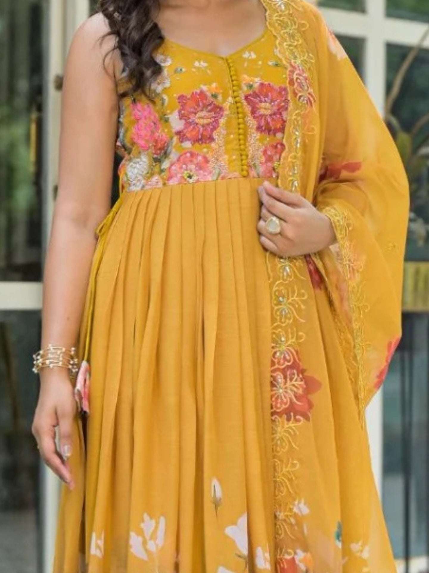 Women’s Pure Anarkali Chiffon Kurta Pant & Dupatta Set (Yellow) - LK Brand