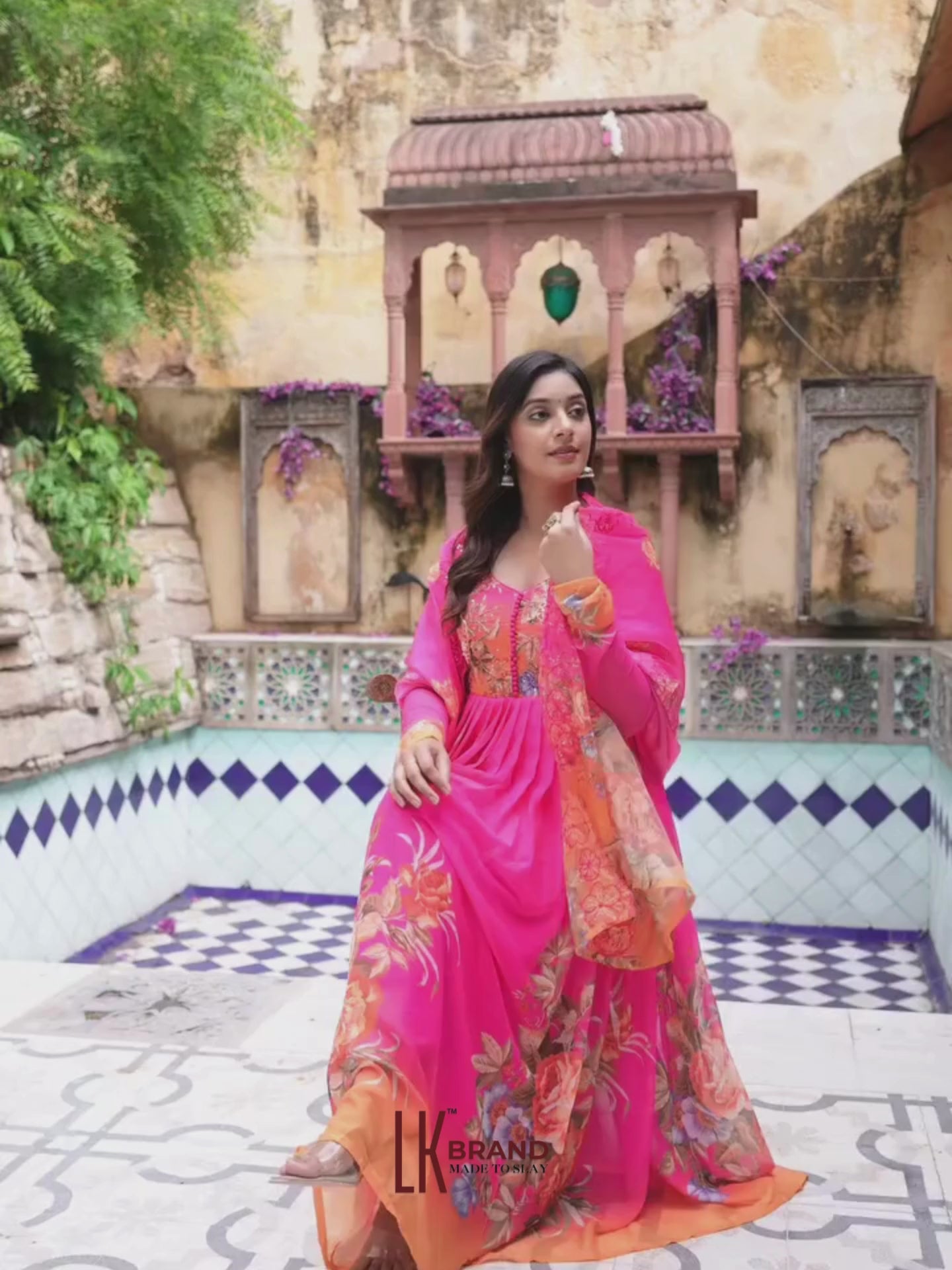 Women’s Pure Anarkali Chiffon Kurta Pant & Dupatta Set (Pink-Orange Ombre)