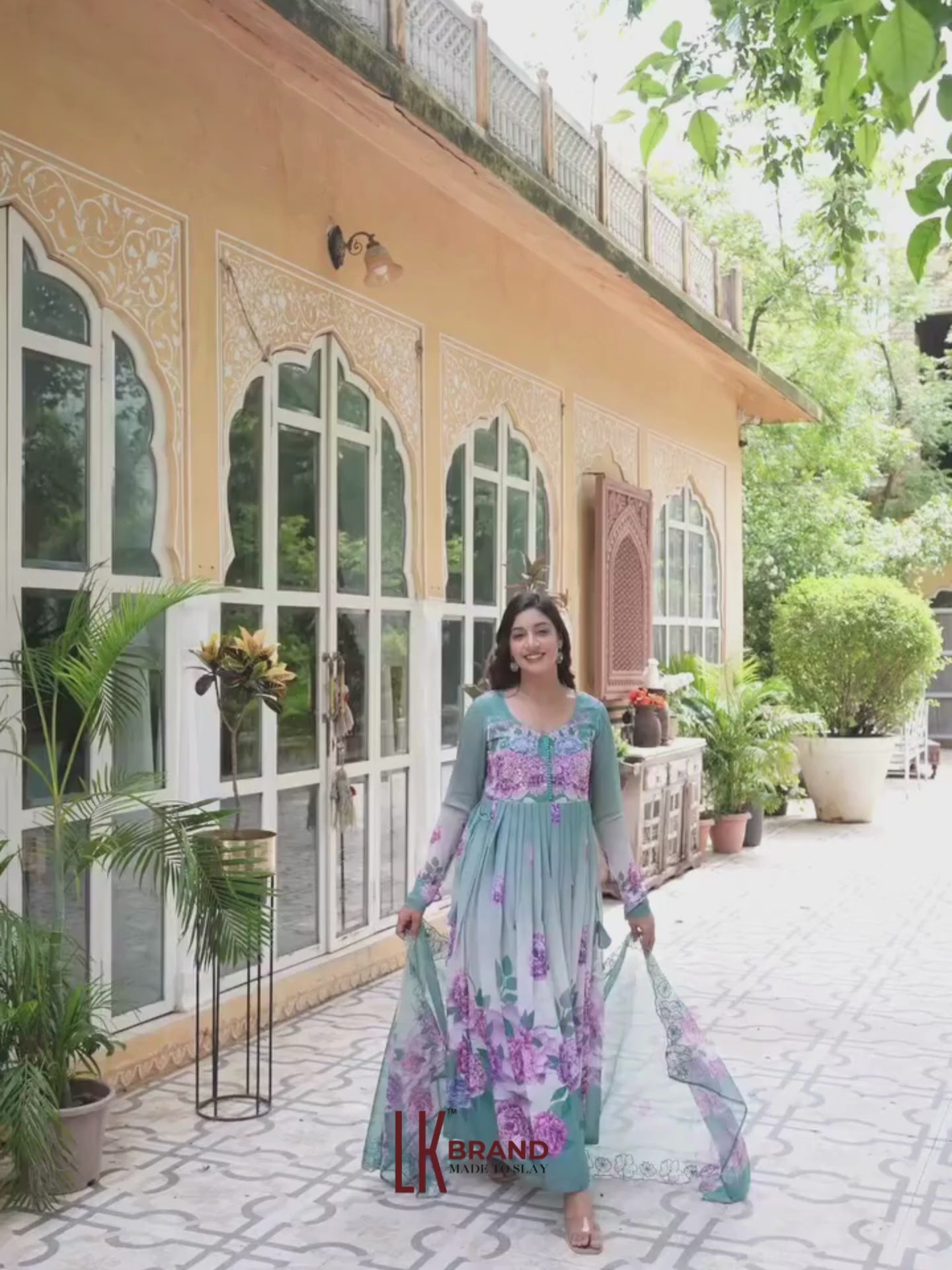 Women’s Teal Blue Floral Pure Chiffon Anarkali Kurta Pant with Dupatta – Set of 3