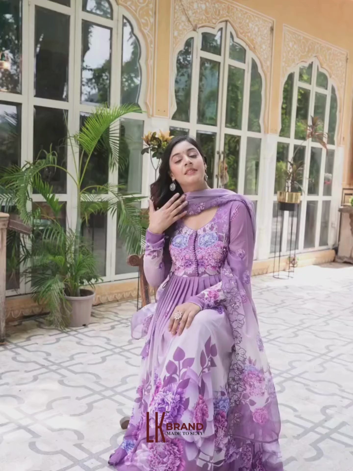 Women’s Lavender Purple Floral Pure Chiffon Anarkali Kurta Pant with Dupatta – Set of 3