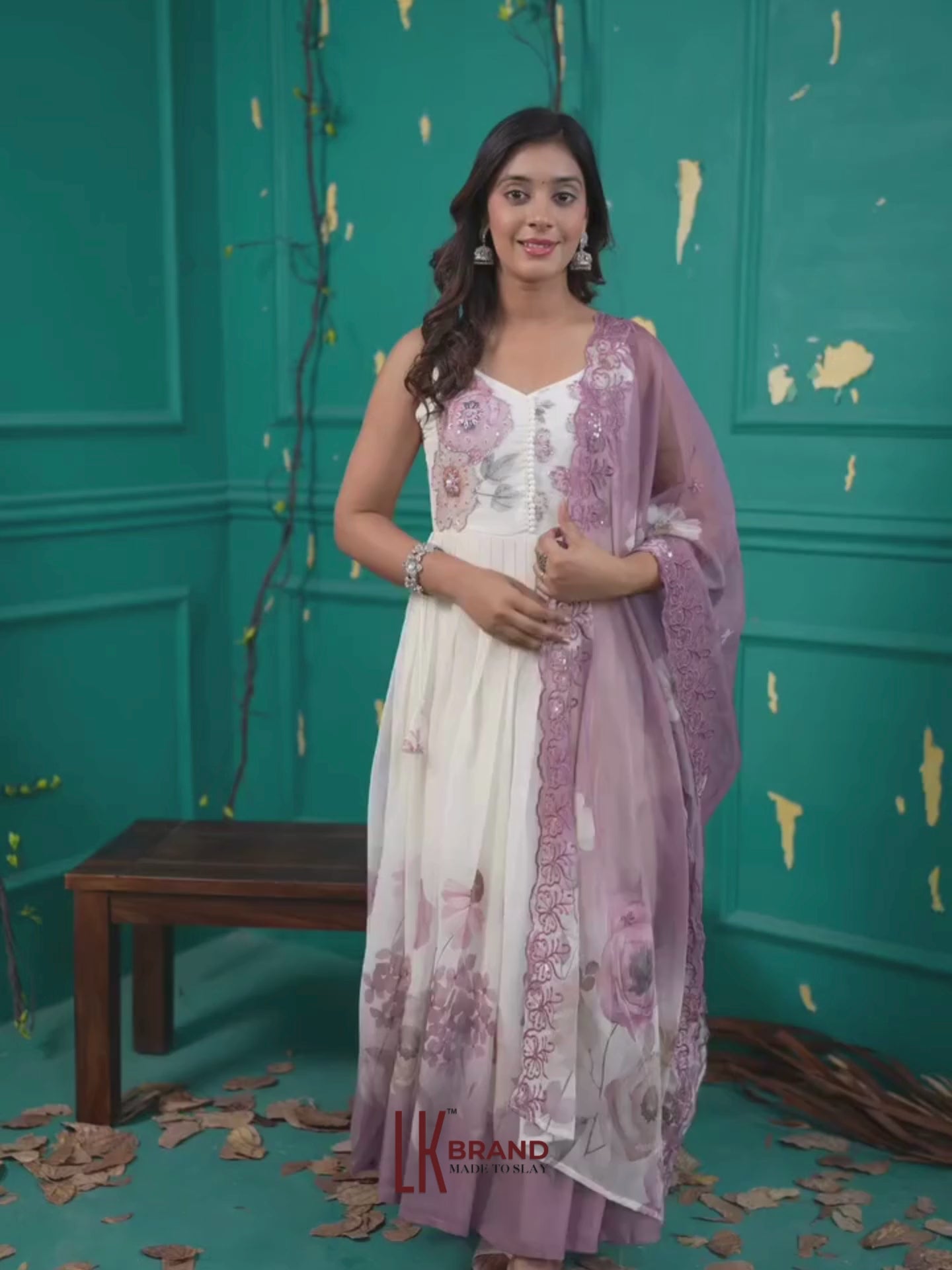 Women’s Cream & Mauve Floral Pure Chiffon Sleeveless Anarkali Kurta Pant with Dupatta – Set of 3