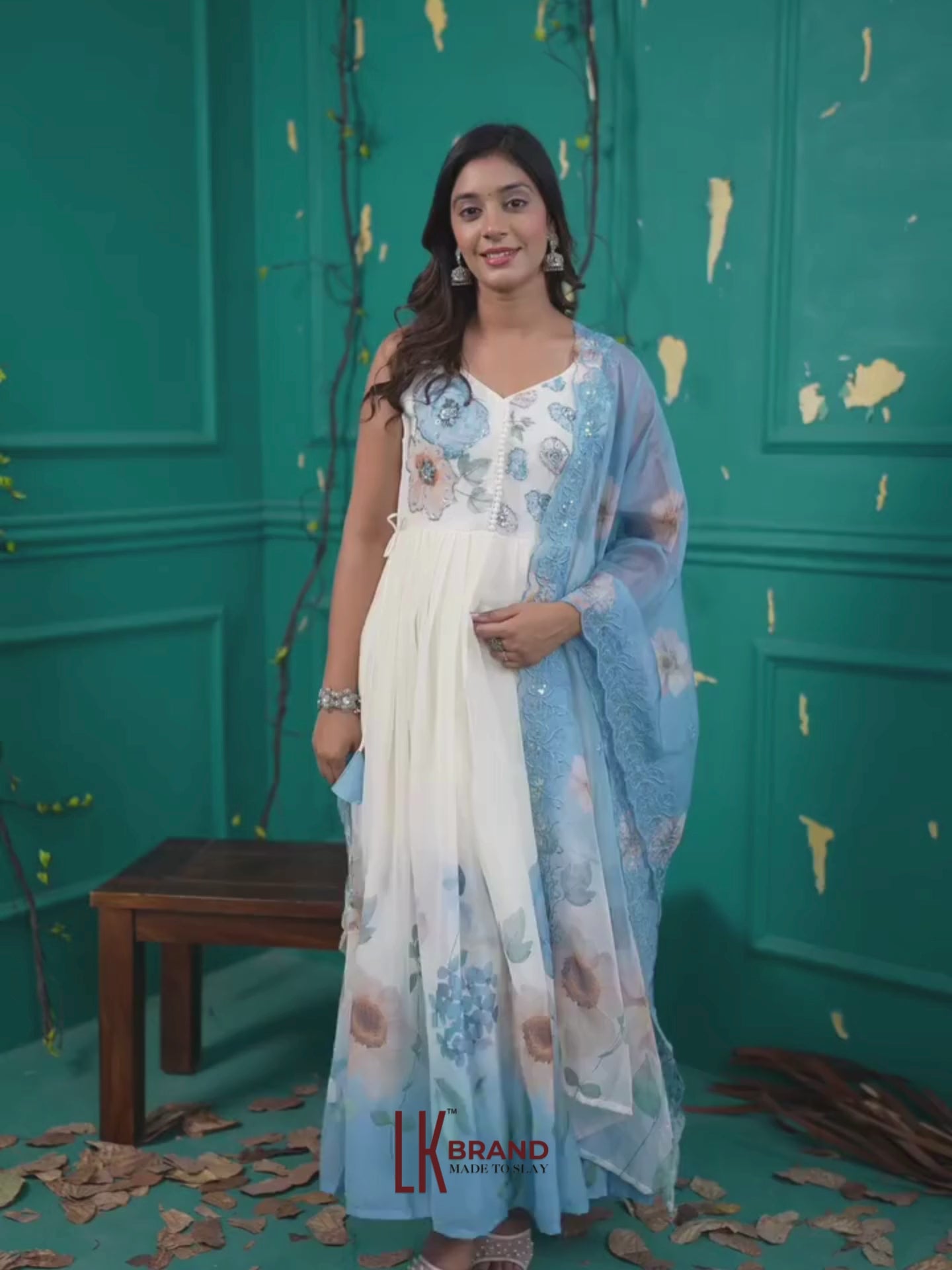 Women’s Ivory & Sky Blue Floral Pure Chiffon Sleeveless Anarkali Kurta Pant with Dupatta – Set of 3